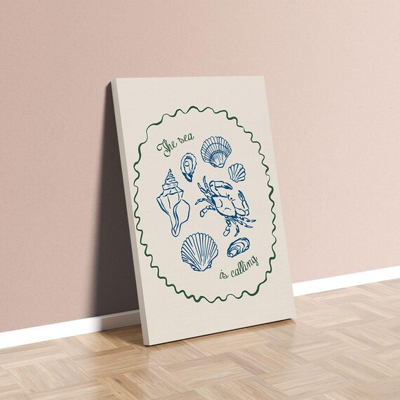 The Sea Is Calling Shells and Crab Line Art Coastal Canvas Poster