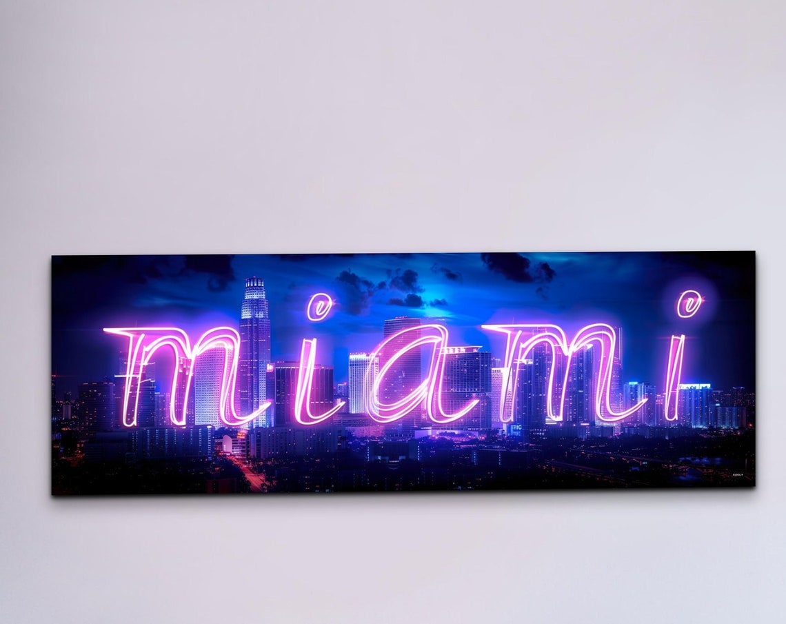 Miami Neon Script Sign Night Skyline Panoramic Urban Glow Poster