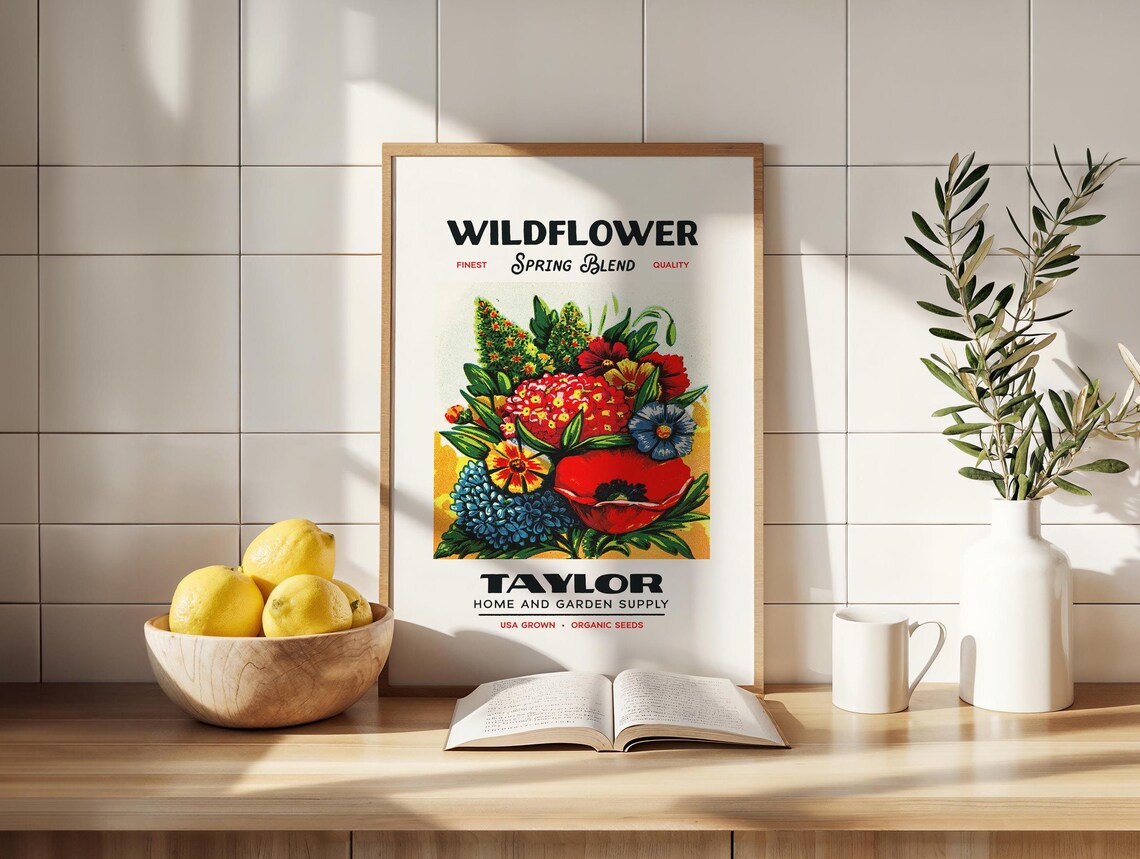 Farmhouse Wildflower Poster, Retro Kitchen Art Decor