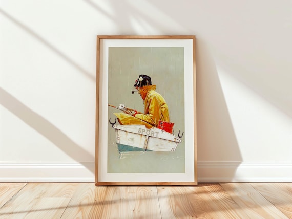 Sport Boat Fisherman Rain Vintage Angler Painting Art Poster
