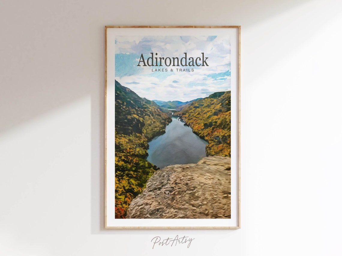 Adirondack Lakes and Trails Poster Watercolor River Gorge Scene