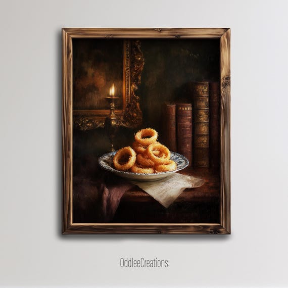 Onion Rings Dining Room Oil Painting Dark Academia Kitchen Wall Art Food Still Life Rustic Decor Fod75