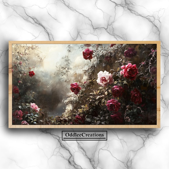 Moody Overgrown Rose Garden Red Roses Oil Painting Landscape Wall Art