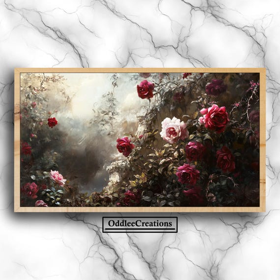 Vintage Dark Academia Rose Garden Art Moody Overgrown Roses And Misty Frame Tv Oil Painting Tlv1