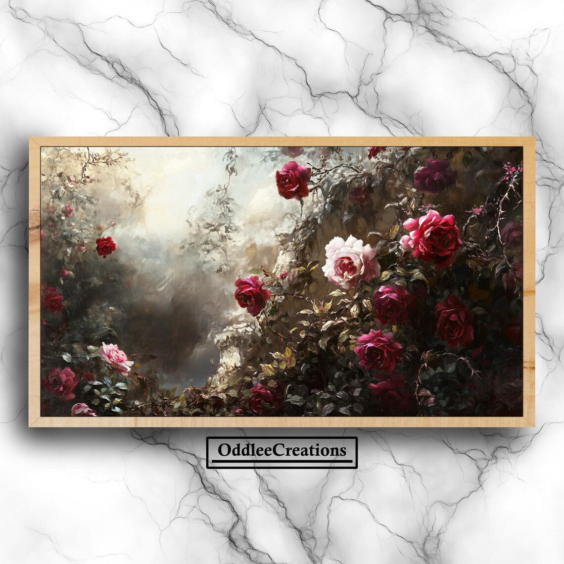 Moody Overgrown Rose Garden Red Roses Oil Painting Landscape Wall Art