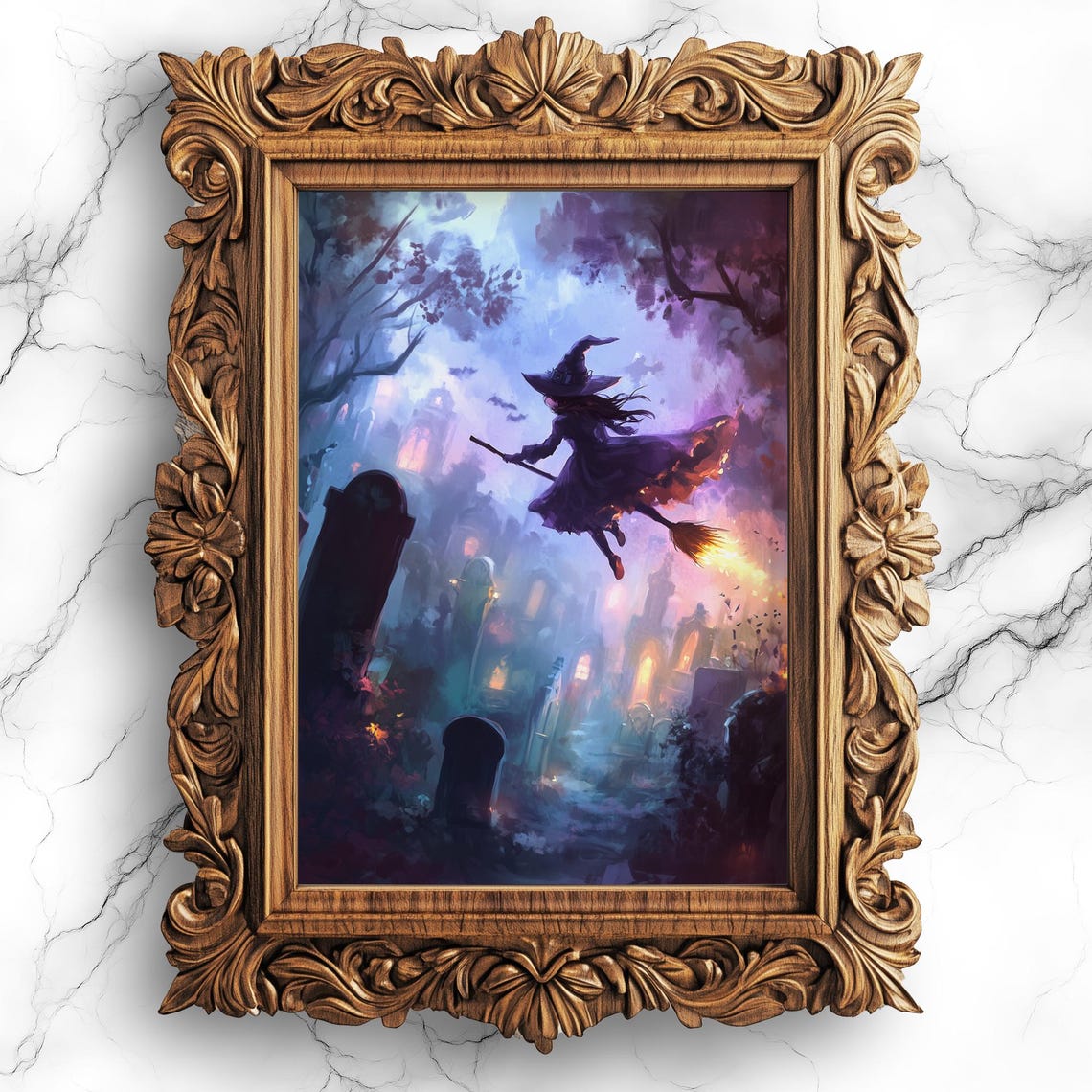 Mystical Witch Flying Over Graveyard Poster Spooky Halloween Art Gothic Witchcraft Decor Witchy Home Wit19