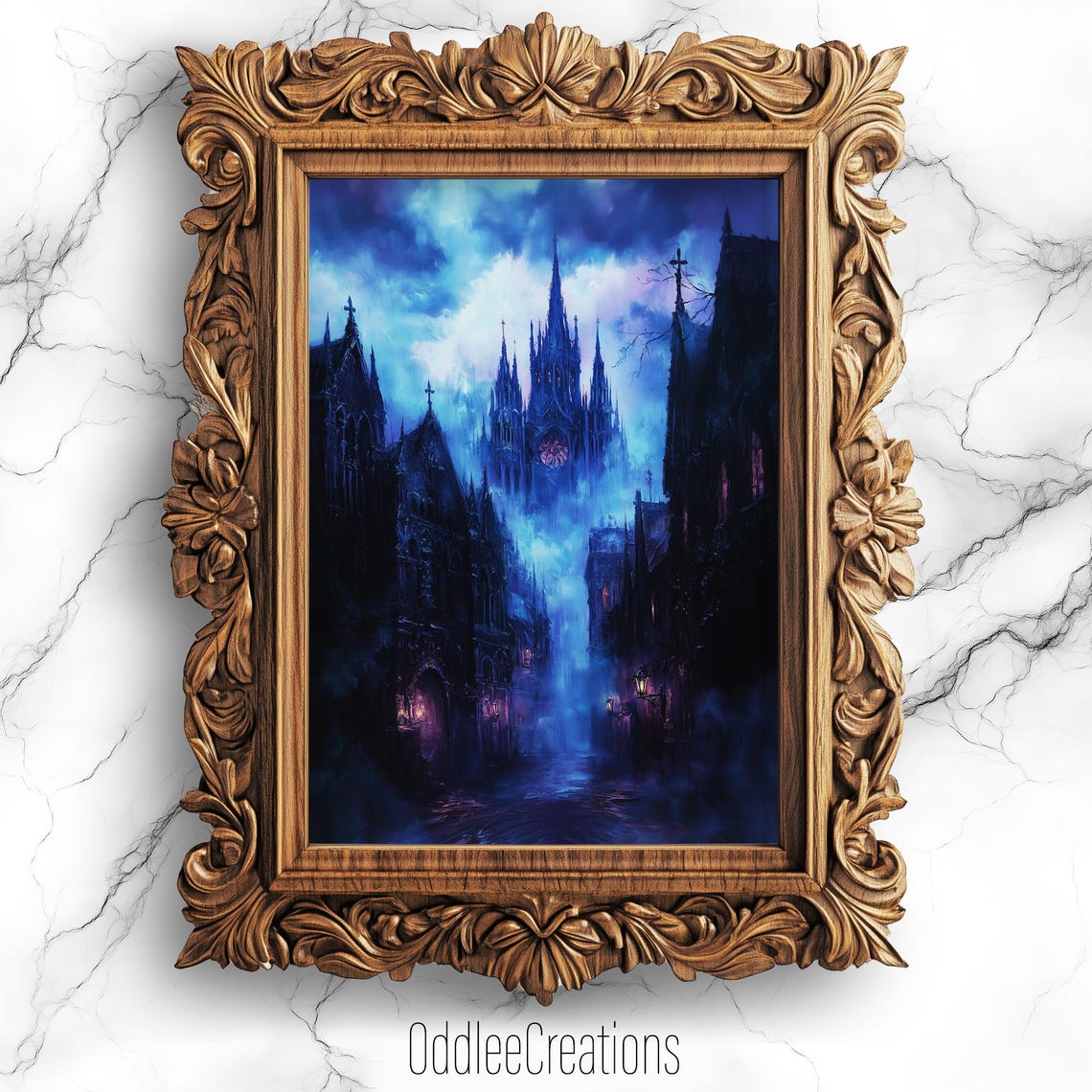 Gothic Cityscape Oil Painting Poster with Misty Blue Spired Cathedrals