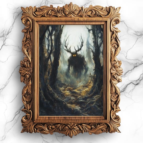 Cryptid Wendigo Forest Oil Painting, Dark Academia