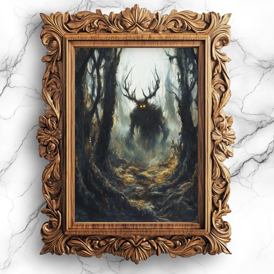 Cryptid Wendigo Forest Oil Painting, Dark Academia