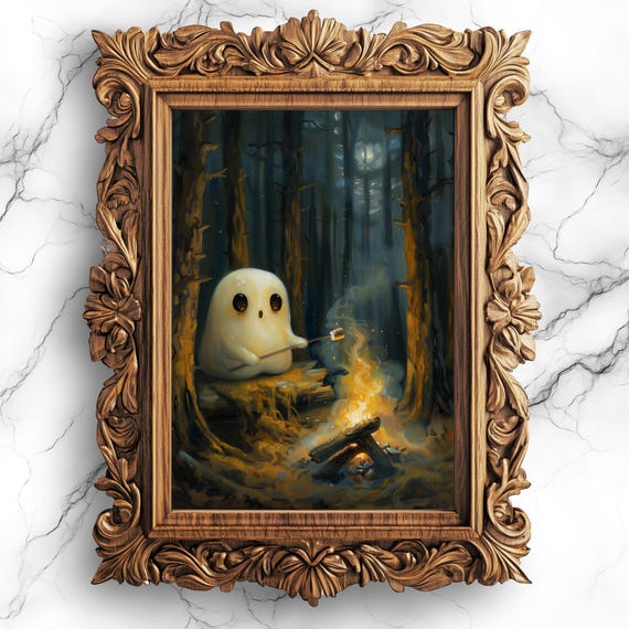 Adorable Roasting Marshmallows Oil Painting Cute Halloween Wall Art Home Decor Bbg5