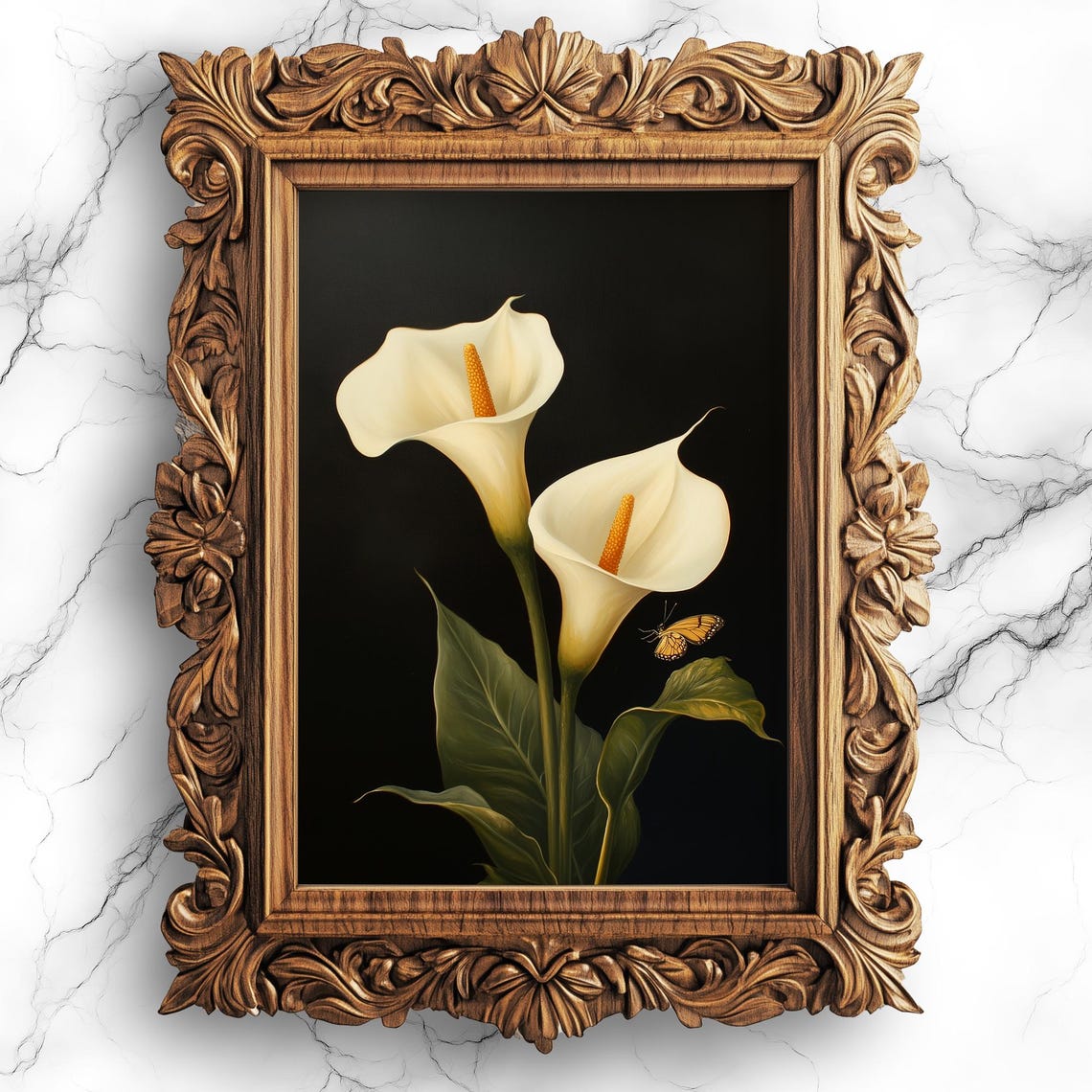 White Calla Lily Butterfly Poster Elegant Black Botanical Flower Art
