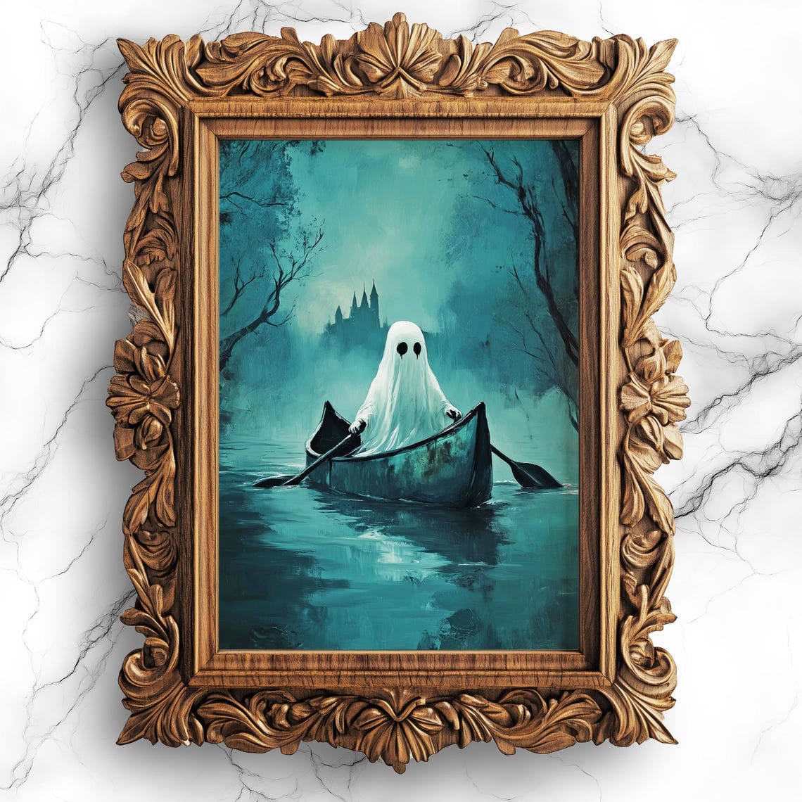 Cute Ghost Rowing Canoe On Misty Haunted Lake Night Art Poster