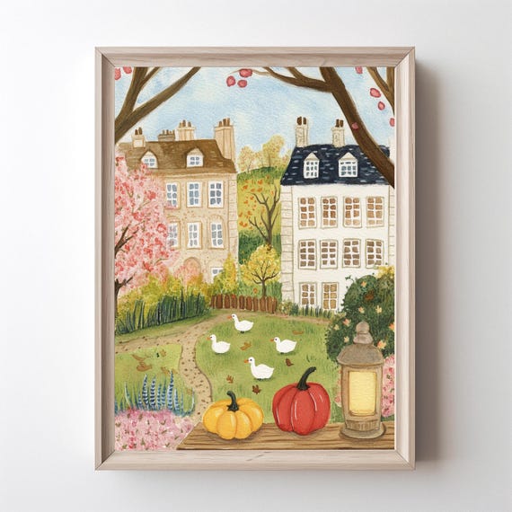Autumn Village Print Farmhouse Decor Wall Art Landscape Fall Pumpkin Cozy Rustic