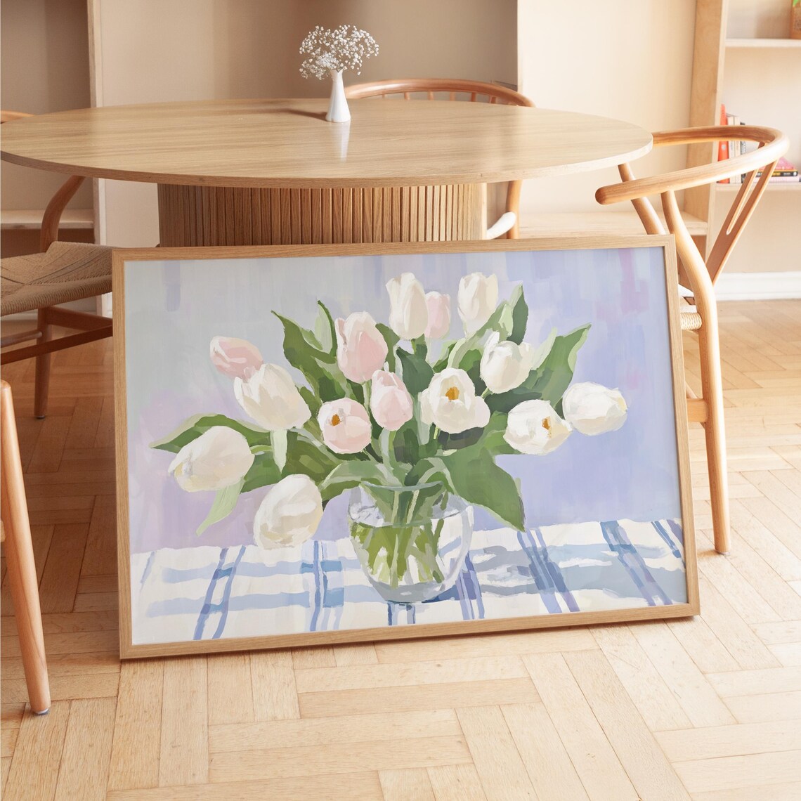 White Pink Tulips Glass Vase Spring Floral Painting Art Print
