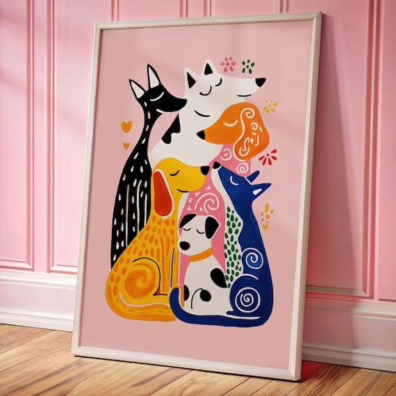 Colorful Cartoon Dogs Cuddling Together On Pink Background Poster