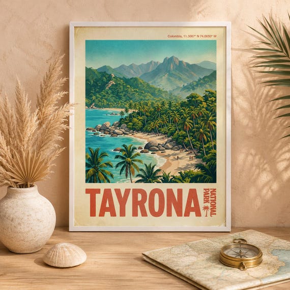 Tayrona National Park Print Vintage Colombia Travel Poster Tropical Beach Wall Art