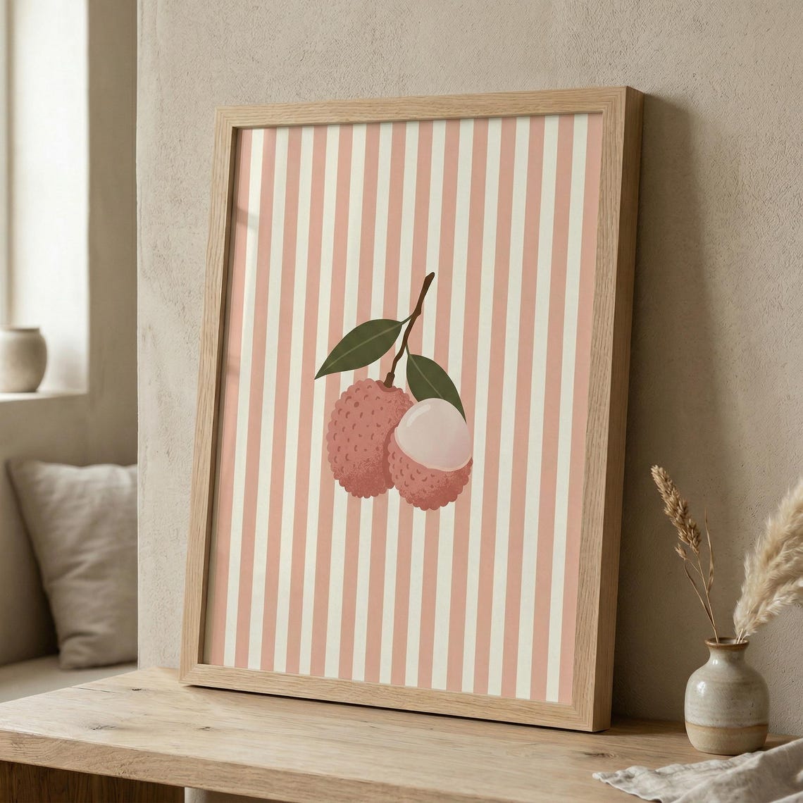 Minimalist Lychee Print Pink Stripe Kitchen Wall Art