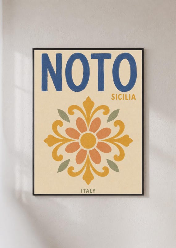 Noto Sicily Travel Poster Italian Tile Floral Wall Art Sicilia Italy Print Vintage Style