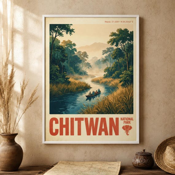 Chitwan National Park Print Vintage Nepal Safari Jungle Wall Art