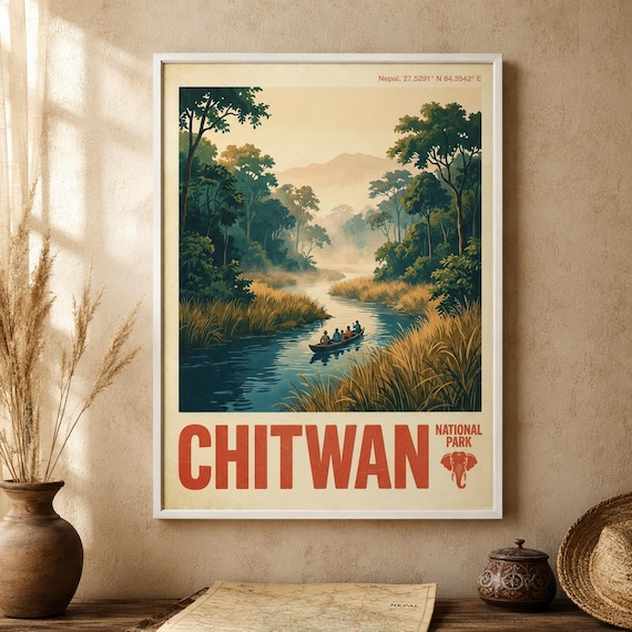 Chitwan National Park Vintage Travel Poster Nepal Jungle River Safari Canoe Art