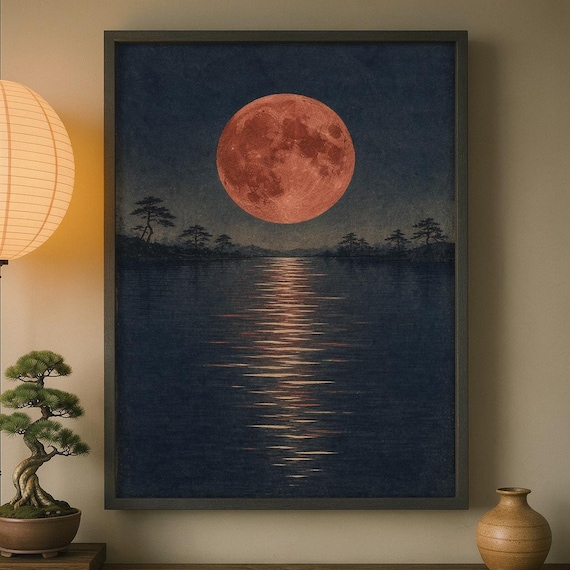 Crimson Moon Reflection Print Red Japanese Wall Art