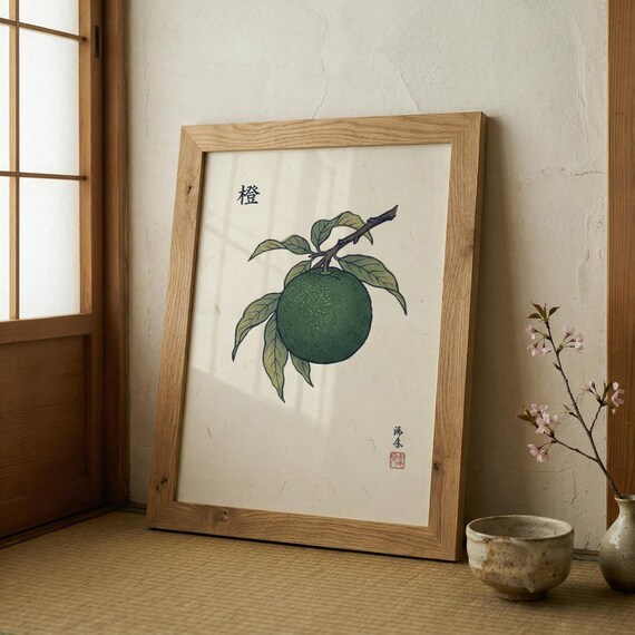 Japanese Citrus Fruit Botanical Poster Green Orange Edo Style Art