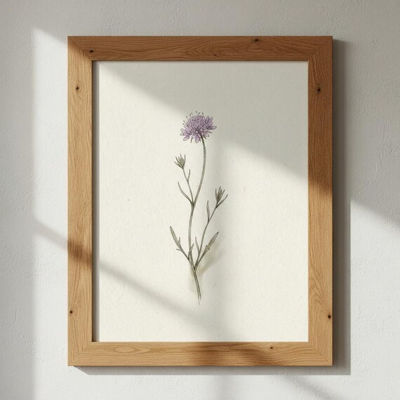 Purple Scabious Single Stem Delicate Minimalist Wildflower Art Print