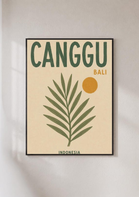 Canggu Bali Poster Indonesia Travel Print Tropical Palm Leaf Wall Art Retro