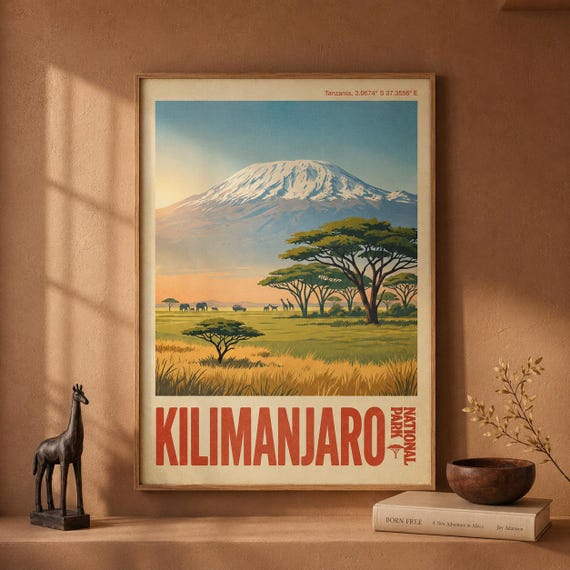 Mount Kilimanjaro Print Vintage Tanzania Safari Wall Art National Park Landscape Poster