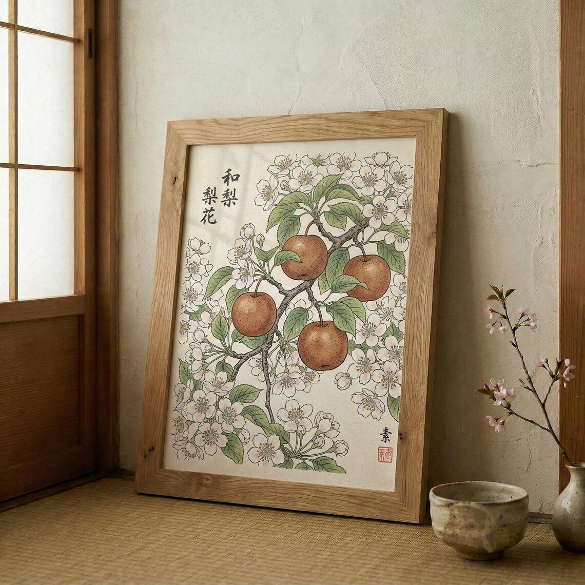 Nashi Pear Blossom Japanese Botanical Woodblock Style Art Print