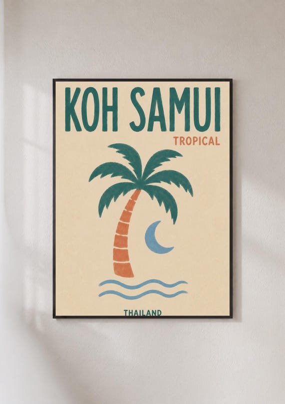 Koh Samui Thailand Travel Poster Tropical Palm Tree Wall Art Retro Beach Print