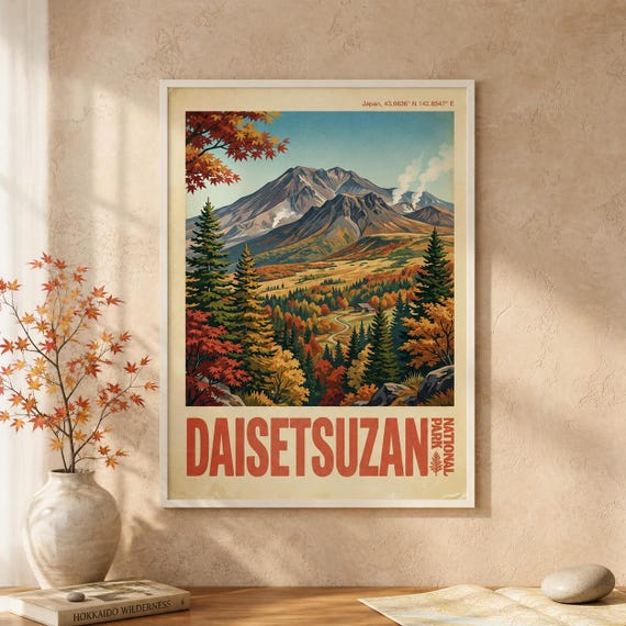 Daisetsuzan National Park Print Vintage Japan Travel Poster Hokkaido Autumn Landscape