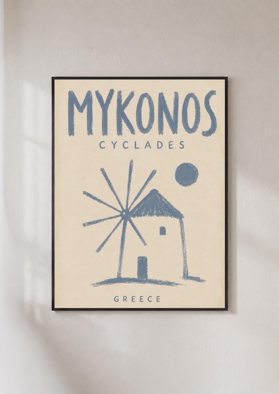 Mykonos Greece Cyclades Windmill Hand Drawn Retro Blue Travel Poster