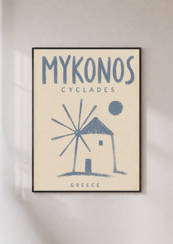 Mykonos Greece Travel Poster Cyclades Windmill Wall Art Vintage Greek Island Print