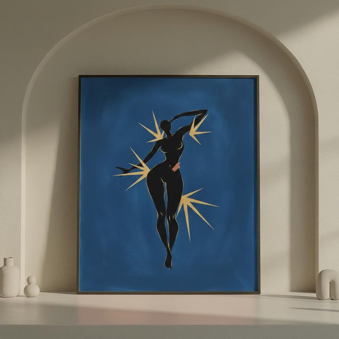 Dancing Female Silhouette Gold Stars on Blue Night Sky Poster