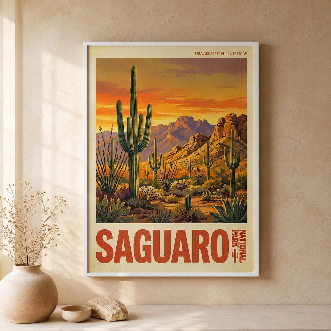 Saguaro National Park Vintage Desert Sunset Cactus Landscape Travel Poster