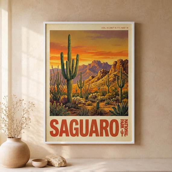 Saguaro National Park Vintage Desert Sunset Cactus Landscape Travel Poster