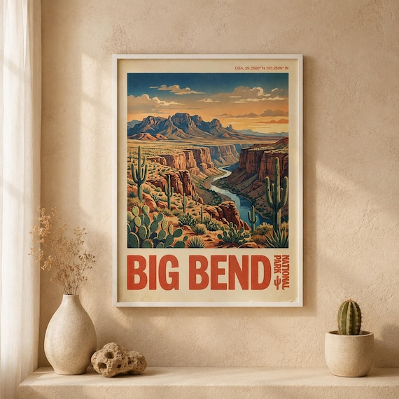 Big Bend National Park Retro Vintage Travel Desert Cactus Wall Art
