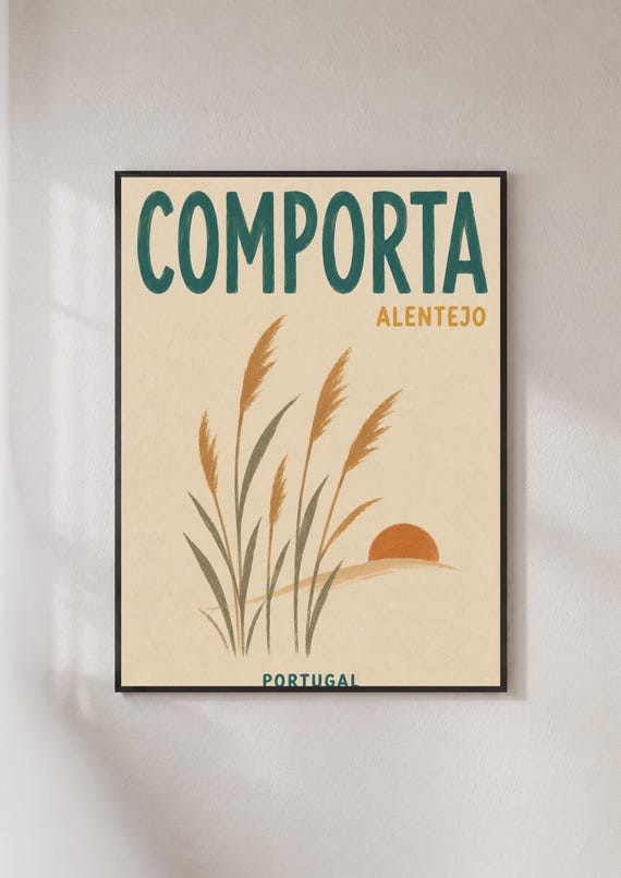 Comporta Portugal Travel Poster Alentejo Wall Art Retro Beach Print Pampas Grass