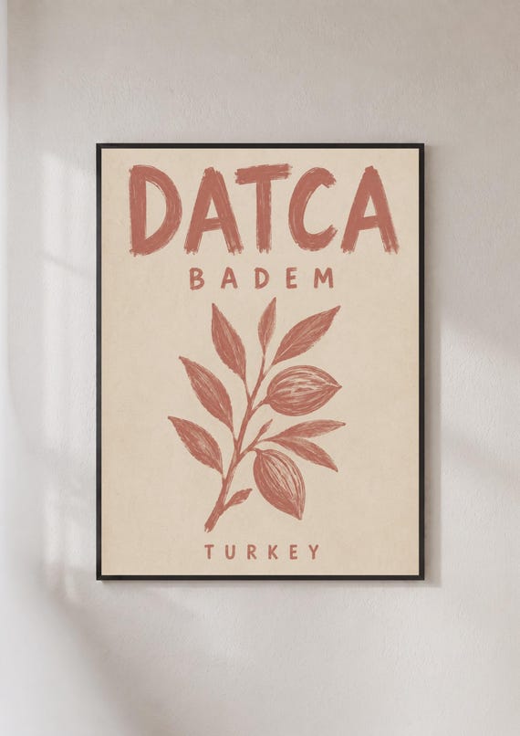 Datca Turkey Travel Poster Badem Almond Botanical Wall Art Terracotta Turkish Print