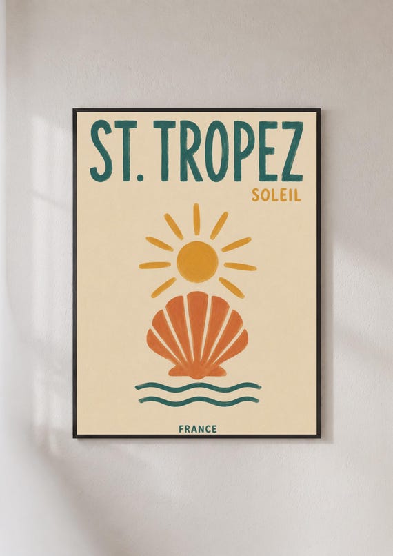 St Tropez Poster French Riviera Wall Art Soleil Sun Shell Print Cote Dazur Travel
