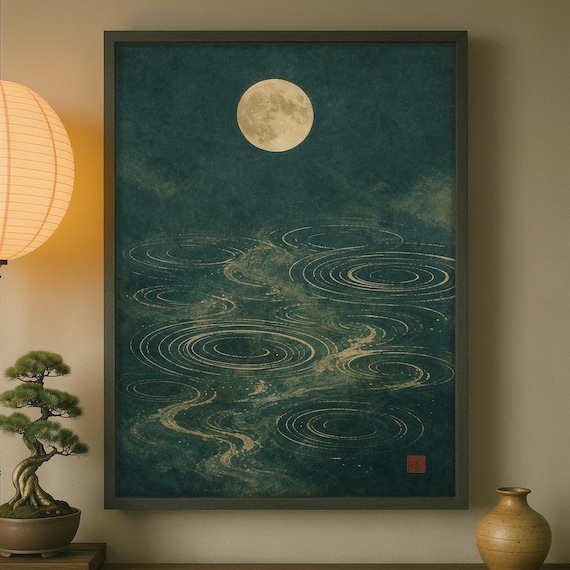 Moonlit Ripple Japandi Wall Art Japanese Abstract Moon