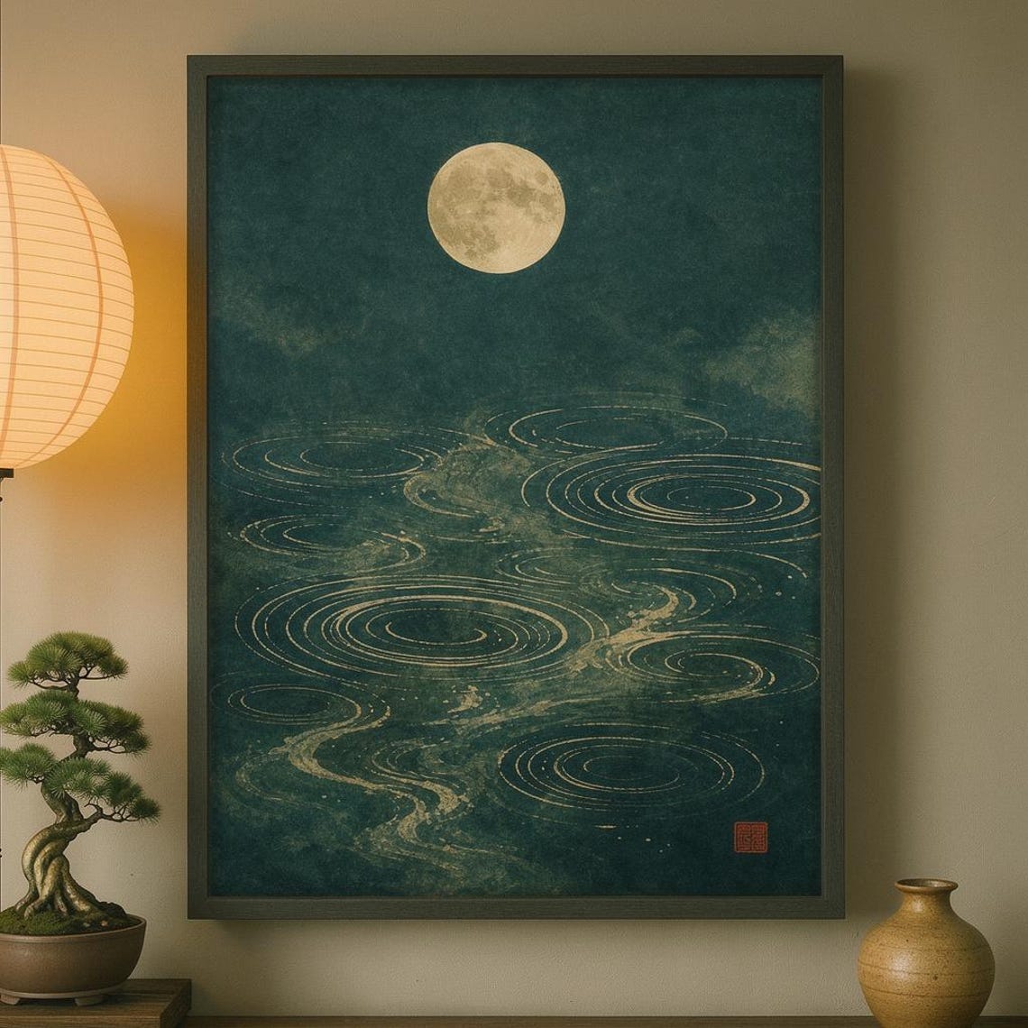 Japanese Full Moon Teal Ripple Gold Circle Japandi Abstract Poster