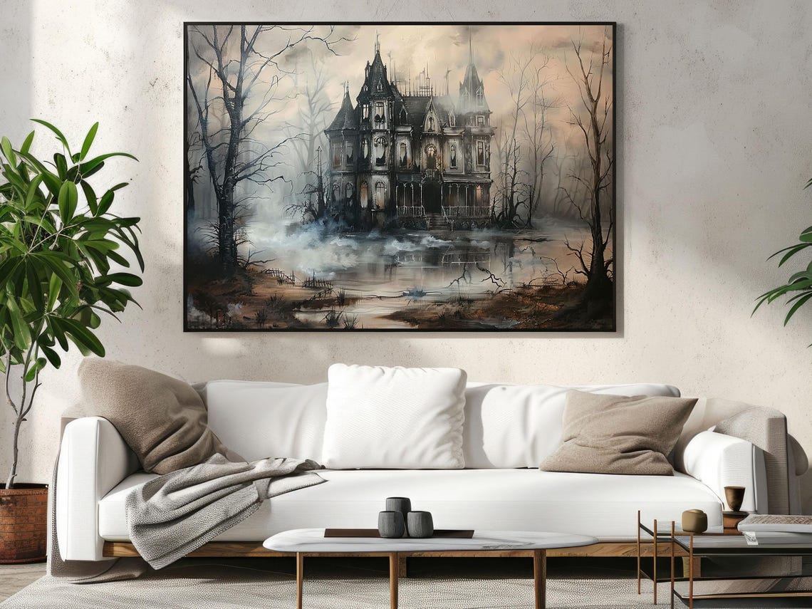 Foggy Haunted Mansion Among Bare Trees Gray Spooky Halloween Print - Image 3