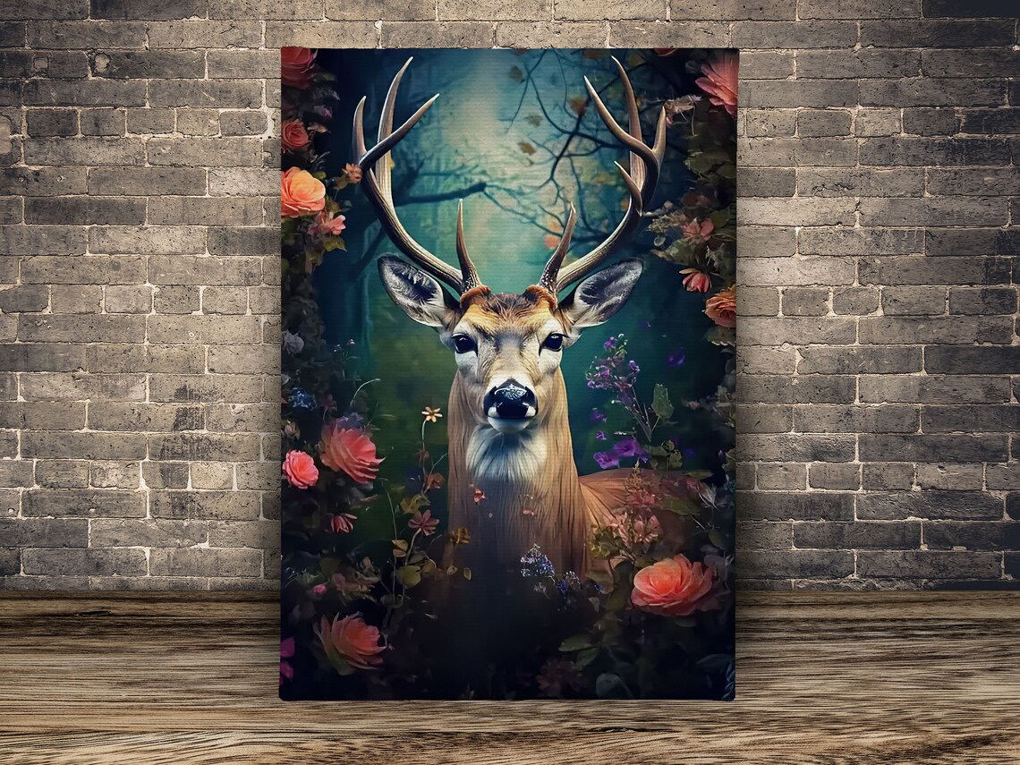 Majestic Stag Antlers Moonlit Blue Forest Flowers Enchanted Wildlife Art - Image 2