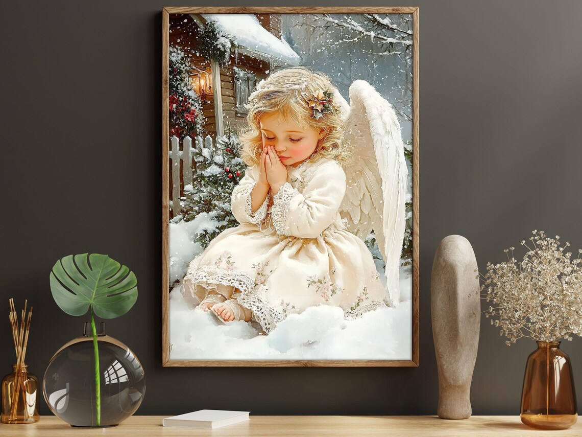 Little Angel Girl Praying In Snow Outside Cottage With Holly Vintage Print - Image 5