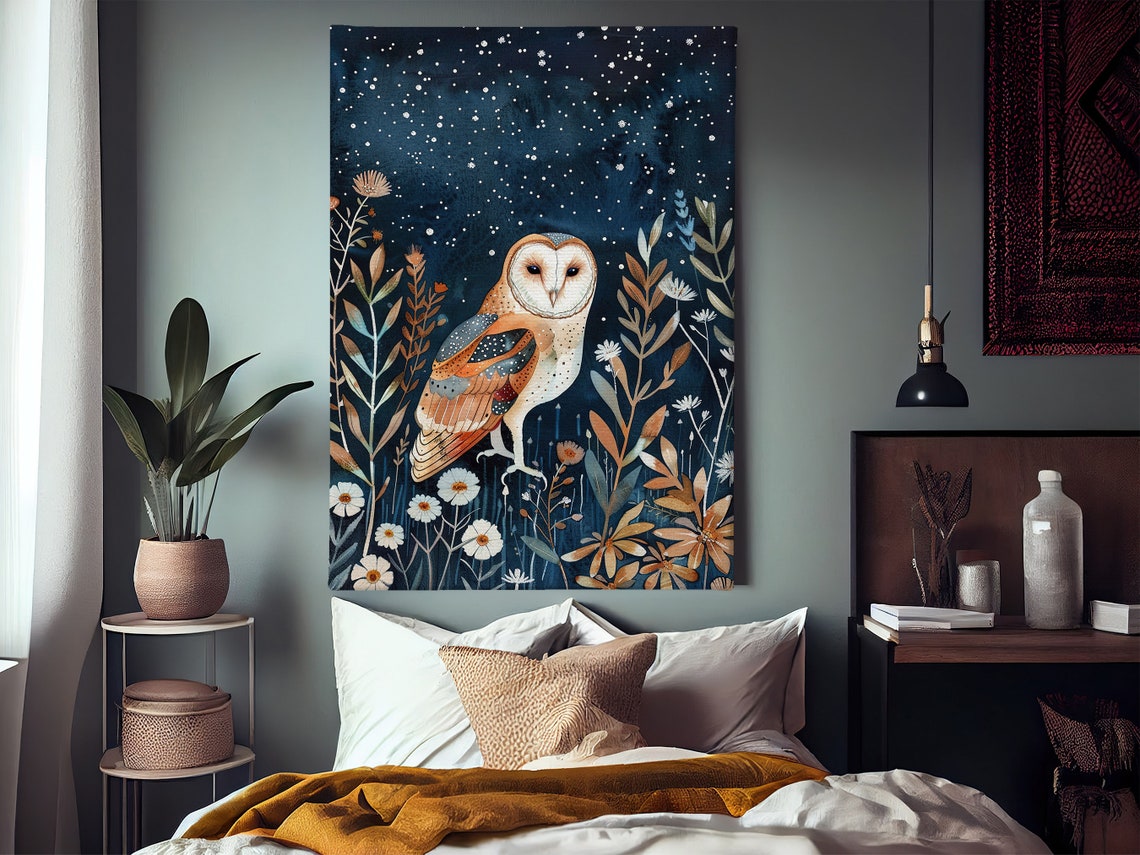 Barn Owl Starry Night Wildflower Meadow Celestial Art Poster - Image 3