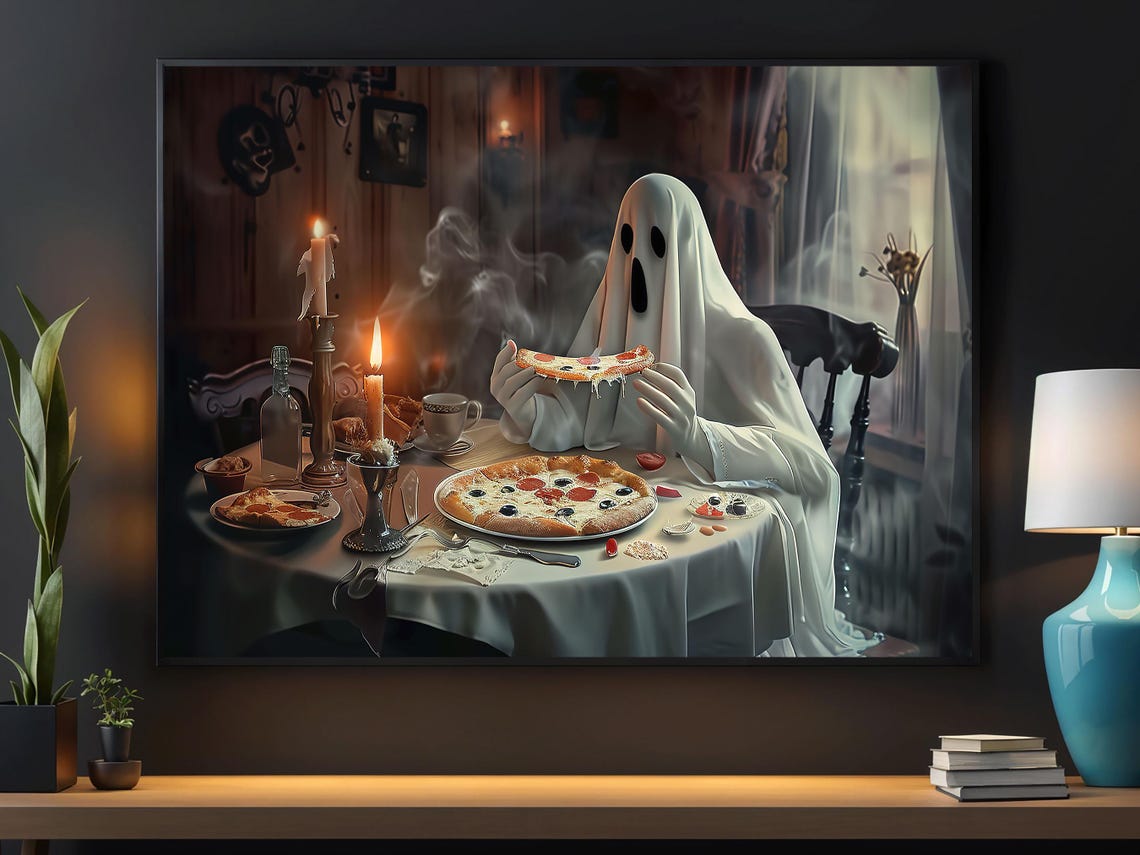 Ghost Eating Pizza By Candlelight Funny Spooky Halloween Art Poster