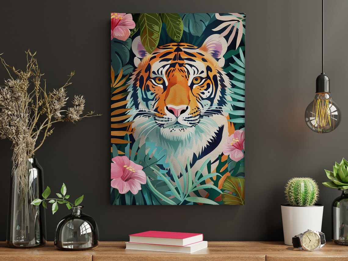 Colorful Tiger In Tropical Jungle Leaves Pink Flowers Matisse Style Poster - Image 4