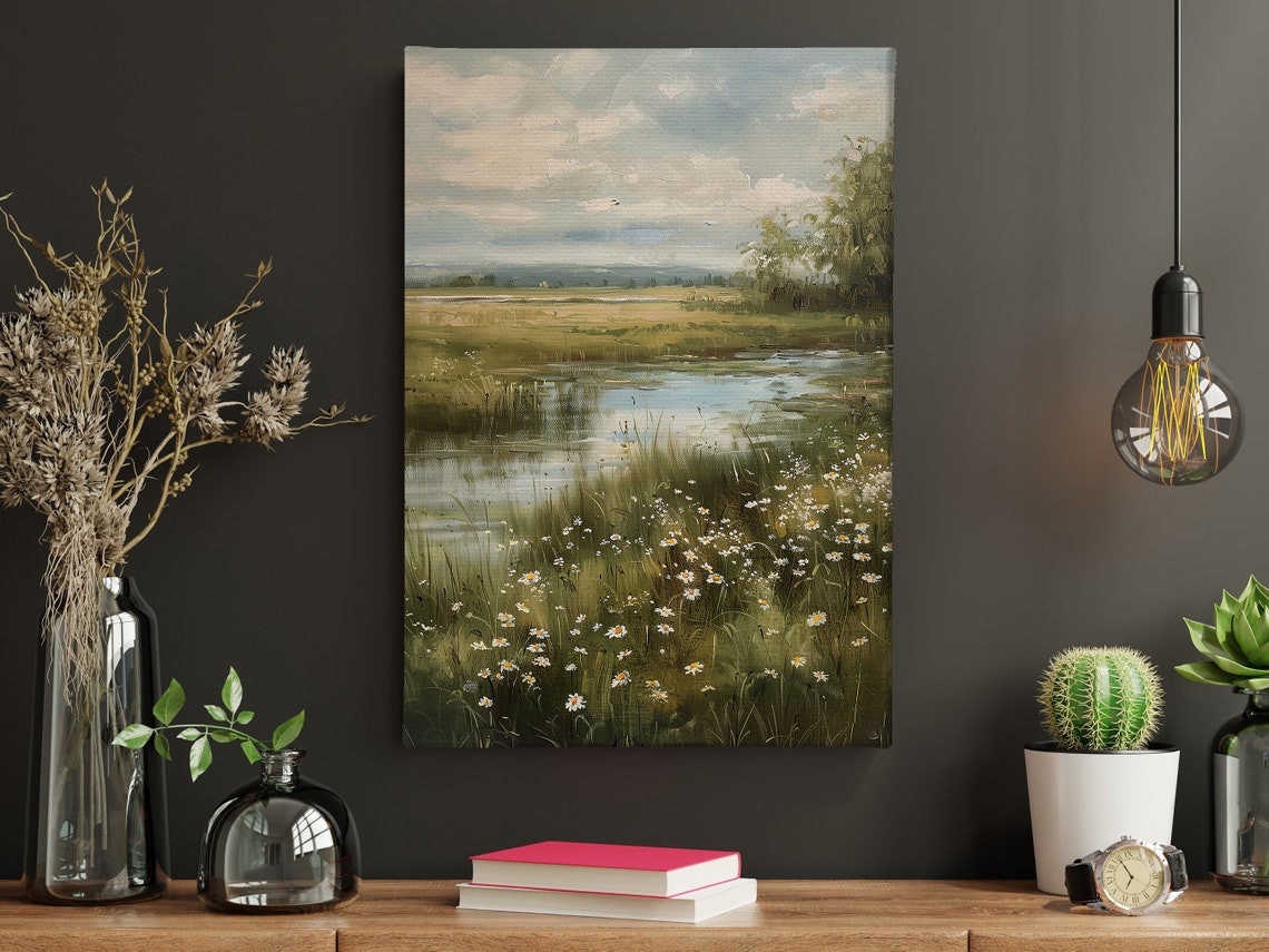 Tranquil River Meadow With Daisies Calm Waters Landscape Art Poster - Image 4